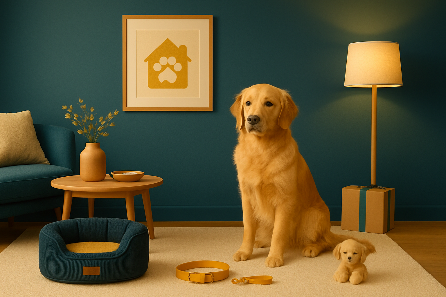 A warm and elegant lifestyle banner featuring a golden retriever sitting in a softly lit room. The background showcases a smooth gradient of powder yellow blending into soft beige, creating a cozy and inviting atmosphere. Subtle textures and lighting enhance the depth and warmth, reflecting a luxurious and comforting brand aesthetic.